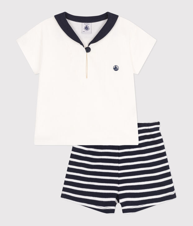 Completo neonato 2 pezzi in cotone con T-shirt con colletto alla marinara blu/bianco