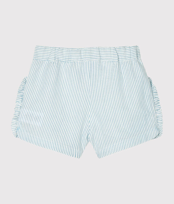 Short bebè femmina in seersucker (tessuto goffrato) bianco MARSHMALLOW/blu ACIER