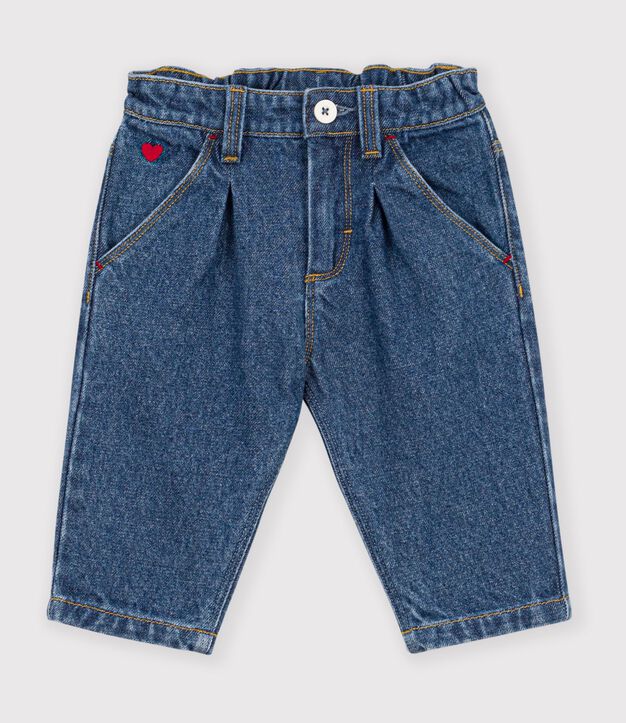 Pantaloni in denim tinta unita con cuore ricamato neonato blu