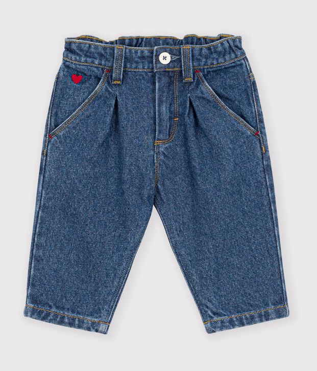 Pantaloni in denim tinta unita con cuore ricamato neonato blu