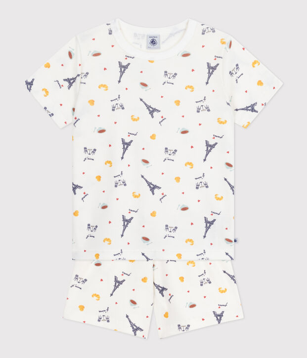 Pigiama corto in cotone con stampa Parigi bambino bianco/multicolore