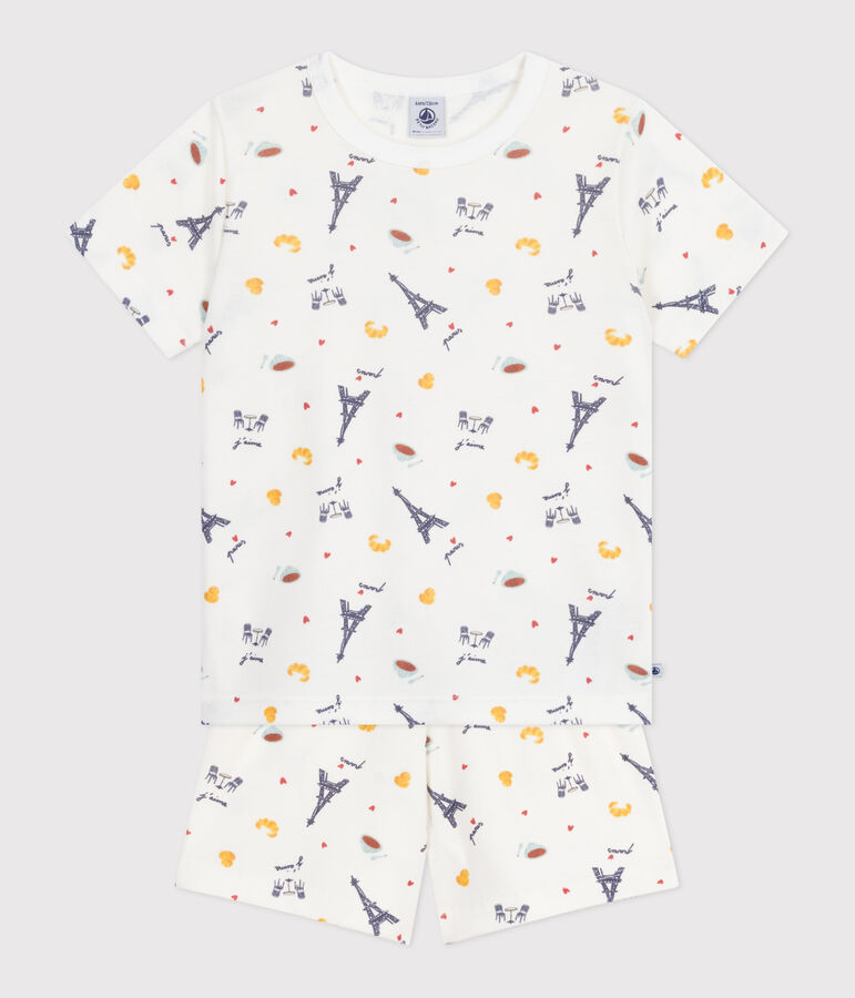 Pigiama corto in cotone con stampa Parigi bambino bianco/multicolore