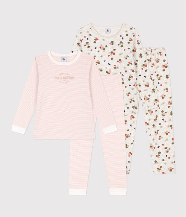 Confezione da 2 pigiami bambina in cotone motivo fiore e righe multicolore