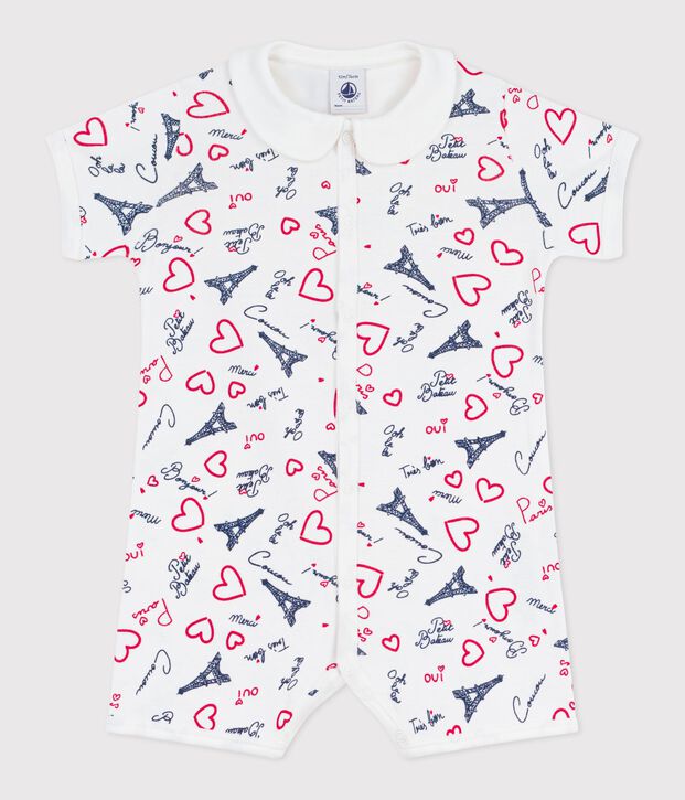Tutina corta in cotone con colletto e stampa Parigi neonato bianco/multicolore