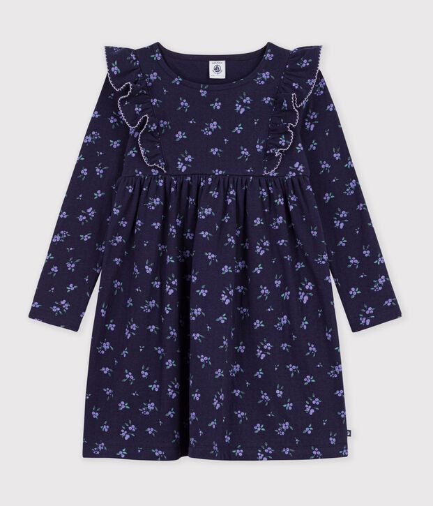 Abito a maniche lunghe in cotone a fiori bambina blu/multicolore