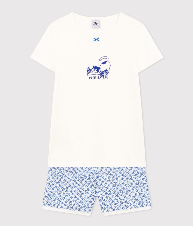 Pigiama shorts in cotone bambina bianco/blu