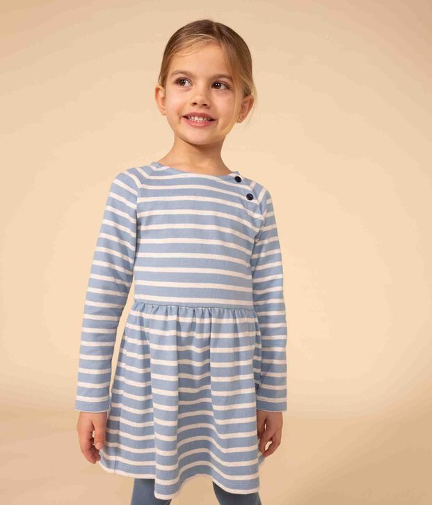 Abito a maniche lunghe in cotone spesso a righe bambina blu/beige