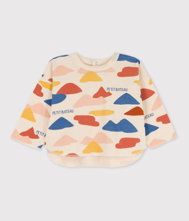 T-shirt maniche lunghe beb&egrave; con fantasia in tubique ecru/multicolore