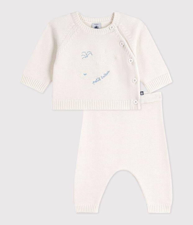 Completo 2 pezzi in maglia di lana e cotone con motivo balena neonato bianco