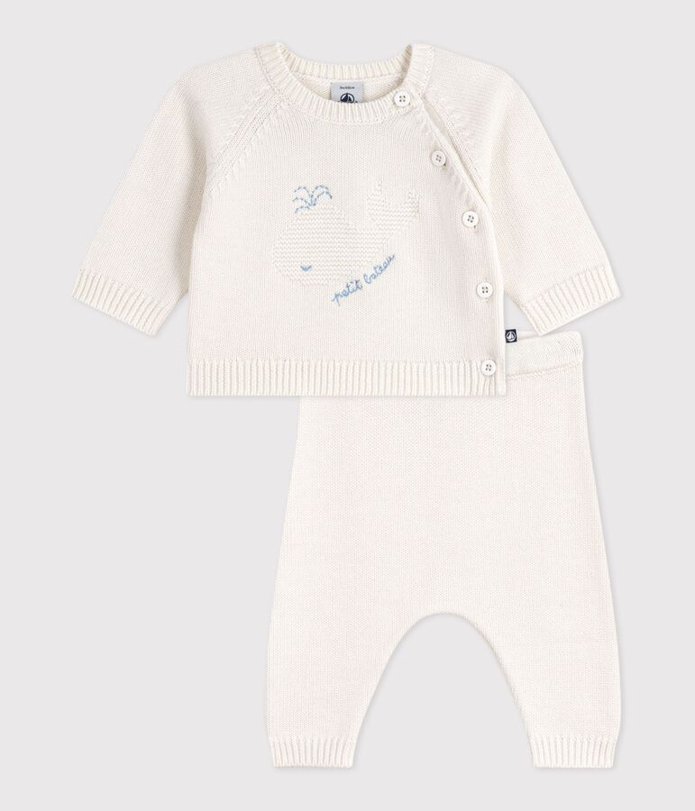Completo 2 pezzi in maglia di lana e cotone con motivo balena neonato bianco MARSHMALLOW