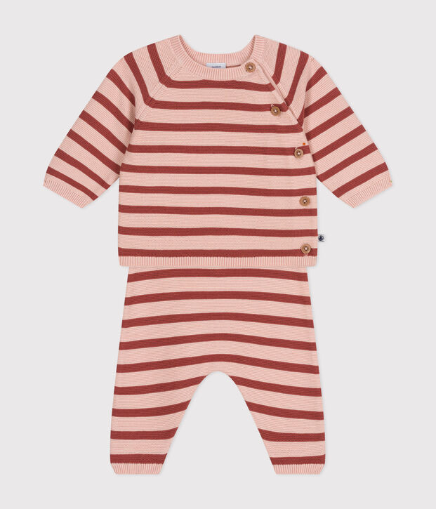Completo 2 pezzi beb&egrave; in maglia di cotone rosa/marrone