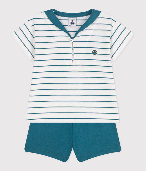Completo neonato 2 pezzi in cotone con T-shirt a righe e shorts tinta unita verde MARSHMALLOW/ DRAGONFLY