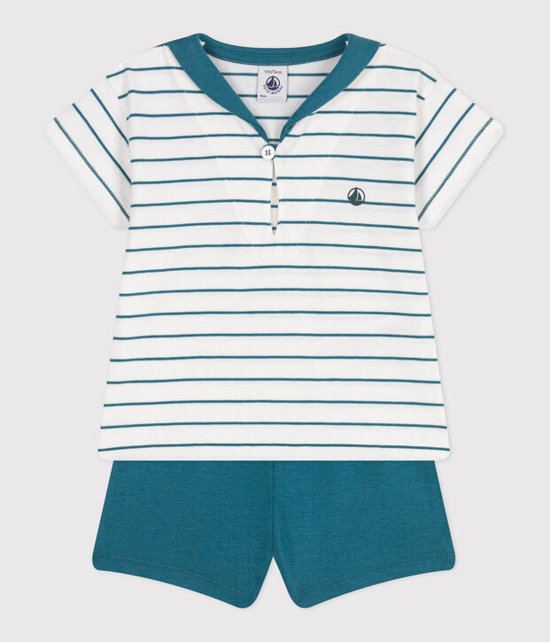 Completo neonato 2 pezzi in cotone con T-shirt a righe e shorts tinta unita verde/verde