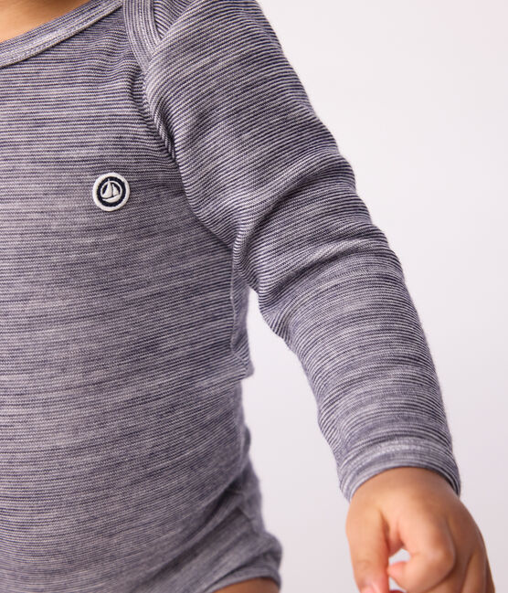 Body maniche lunghe in lana e cotone neonato blu SOIR/ MARSHMALLOW