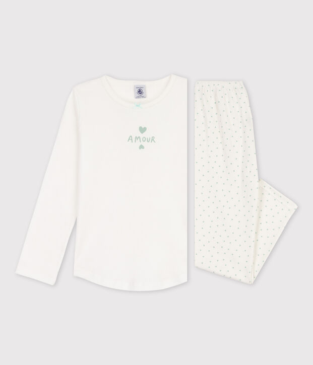 Pigiama cuoricini bambina in cotone bianco/verde