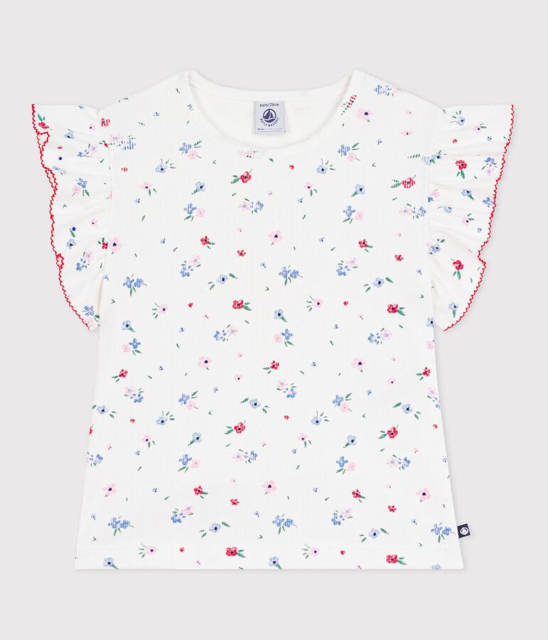 T-shirt a maniche corte in cotone con stampa a fiori bambina bianco MARSHMALLOW/bianco MULTICO