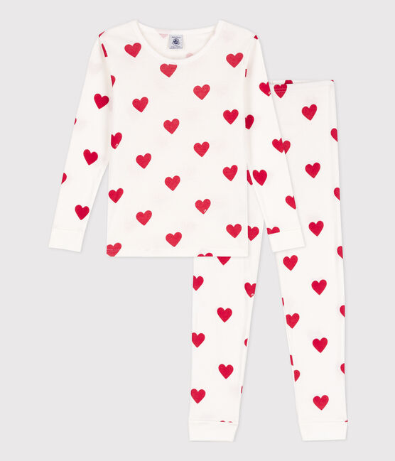 Pigiama aderente con cuori per bimbi, unisex bianco MARSHMALLOW/rosso TERKUIT
