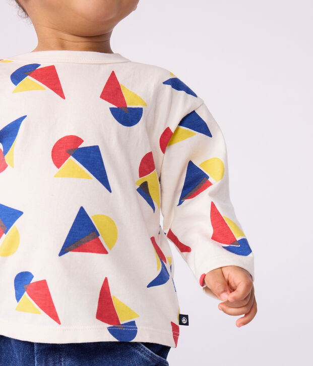 T-shirt a maniche lunghe in cotone con barche stampate neonato ecru/multicolore
