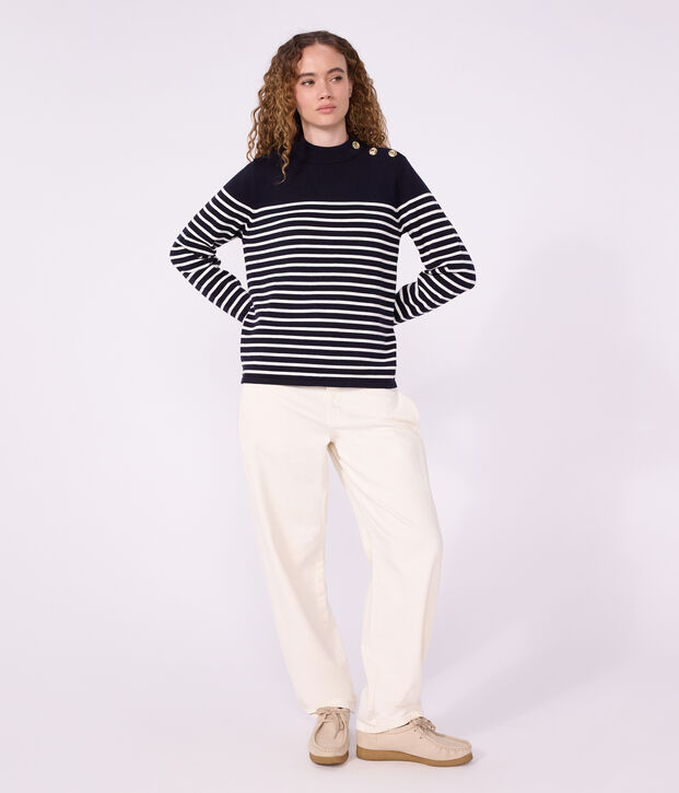 Pullover dallo spirito marinaro in misto lana e cotone a righe donna blu/bianco