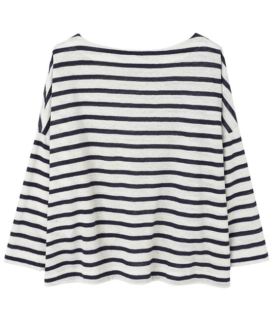 Maglia marinière donna in lino bianco LAIT/blu SMOKING