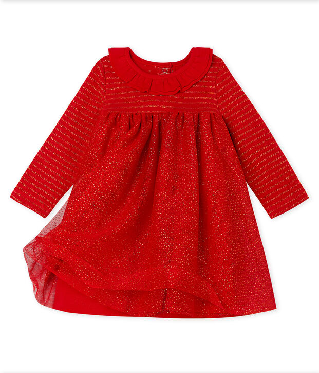 Abito bi-materiale a maniche lunghe da beb&egrave; femmina rosso/giallo