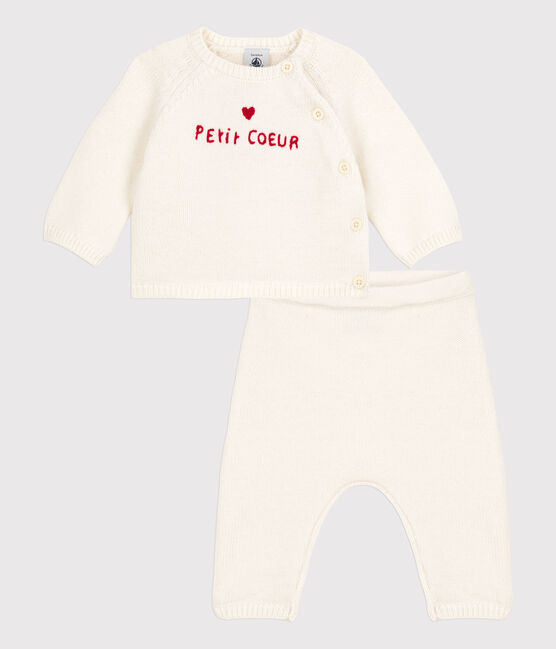 Completo 2 pezzi bebè in maglia di lana e cotone bianco MARSHMALLOW
