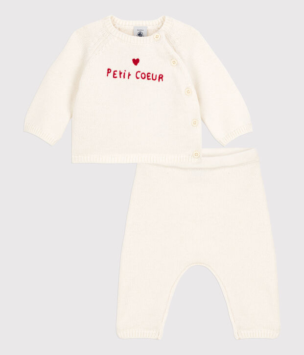 Completo 2 pezzi beb&egrave; in maglia di lana e cotone bianco