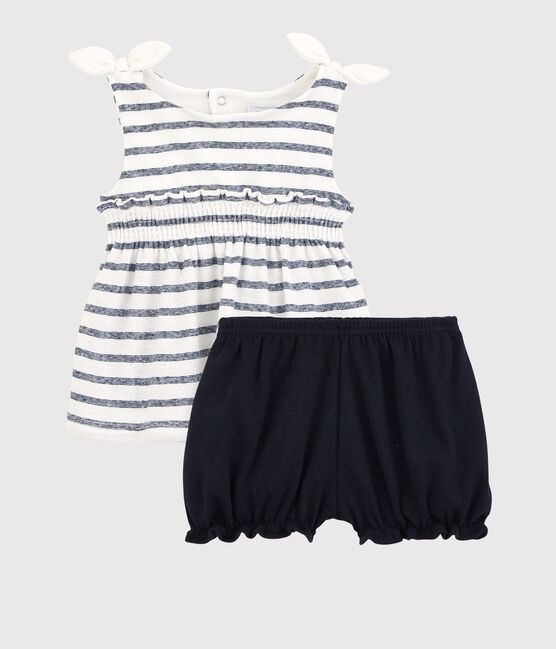 Insieme blusa + bloomer in cotone/lino bebè femmina bianco MARSHMALLOW/blu MEDIEVAL