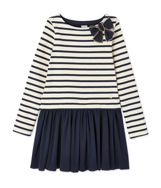 Abito per bambina bi-matière a righe beige COQUILLE/blu SMOKING