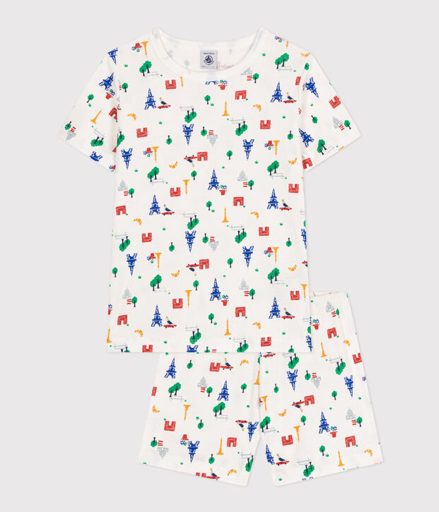 Pigiama short fantasia Parigi in cotone bambino bianco/multicolore