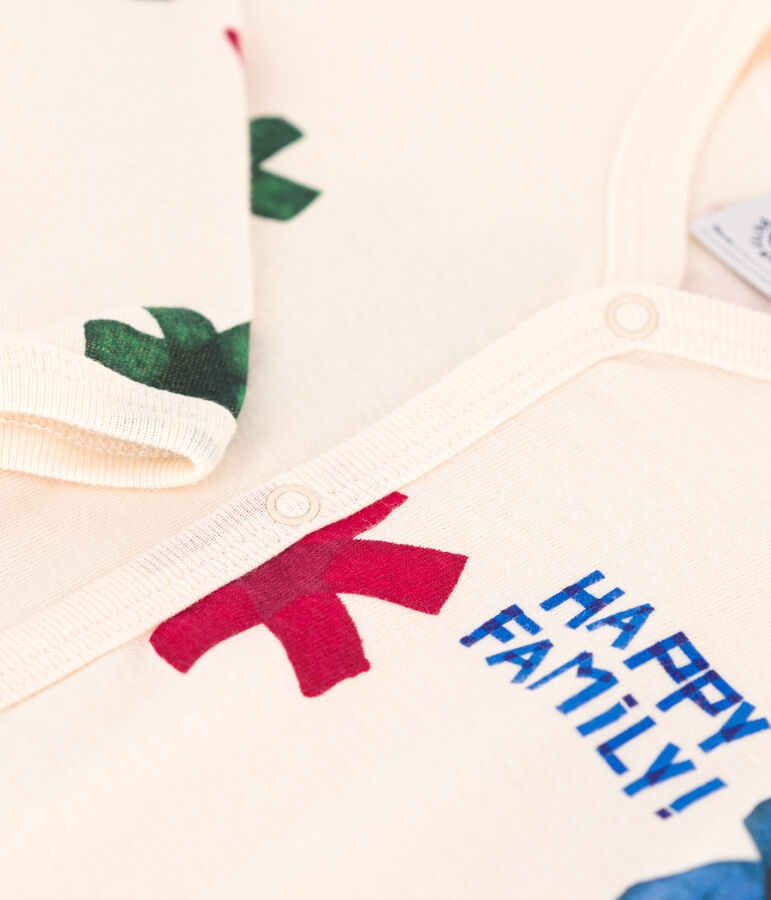 Pigiama beb&egrave; senza piedi happy family in cotone ecru/multicolore