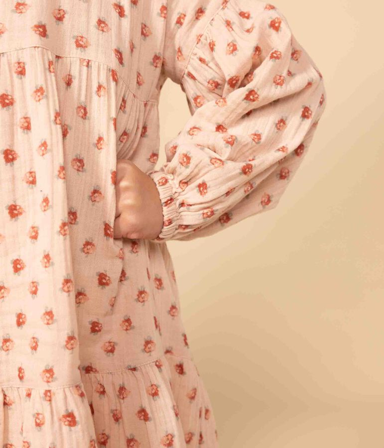 Abito a maniche lunghe in garza di cotone a fiori bambina rosa SALINE/bianco MULTICO