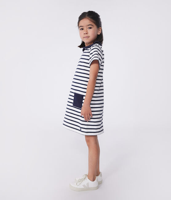 Abito a maniche corte in cotone bambina bianco MARSHMALLOW/blu SMOKING