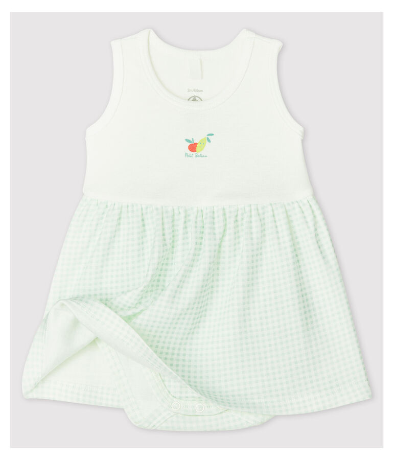 Abito-body a quadrettini vichy beb&egrave; femmina in cotone biologico bianco MARSHMALLOW/blu HAITI