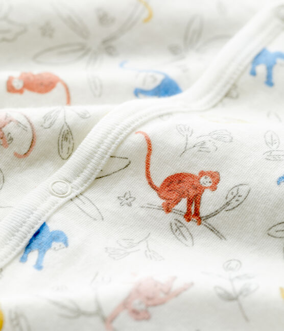 Tutina pigiama bebè a motivo scimmia in cotone biologico bianco MARSHMALLOW/bianco MULTICO