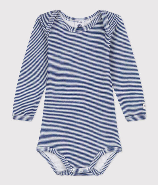 BODY A MANICHE LUNGHE RIGATO BEBÈ IN LANA E COTONE blu MEDIEVAL/bianco MARSHMALLOW
