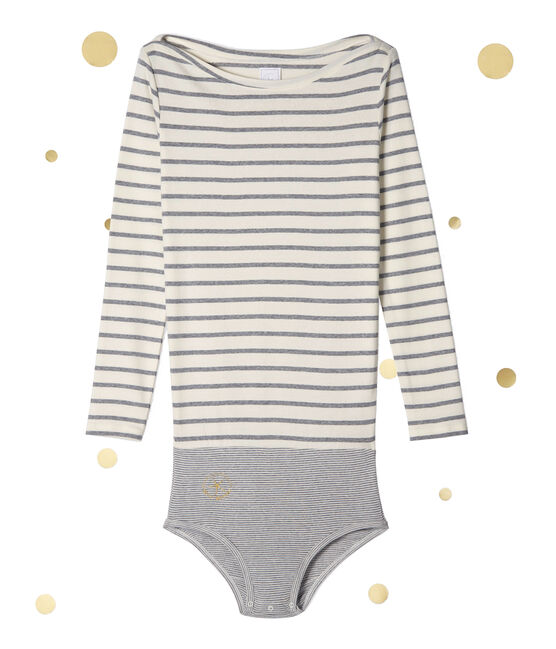 Body a maniche lunghe per donna. Petit bateau x Marie-Agnès Gillot beige COQUILLE/grigio SUBWAY