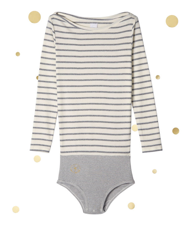 Body a maniche lunghe per donna. Petit bateau x Marie-Agn&egrave;s Gillot bianco/grigio