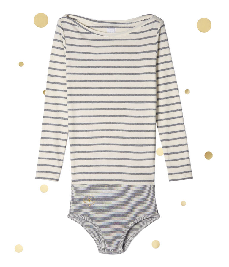 Body a maniche lunghe per donna. Petit bateau x Marie-Agn&egrave;s Gillot beige COQUILLE/grigio SUBWAY