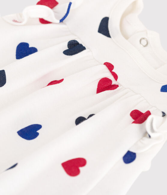 Abito a maniche corte in cotone e body integrato a tre cuori neonata bianco MARSHMALLOW/bianco MULTICO