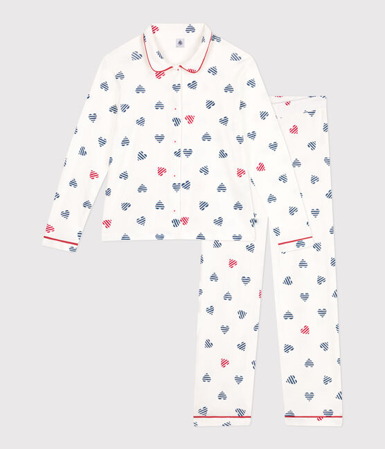 Pigiama da donna in cotone con bottoni e stampa a cuore bianco MARSHMALLOW/bianco MULTICO