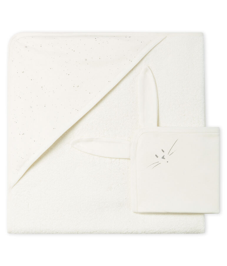 Cofanetto asciugamano quadrato da bagno e doudou beb&egrave; in BE e tubique bianco/multicolore