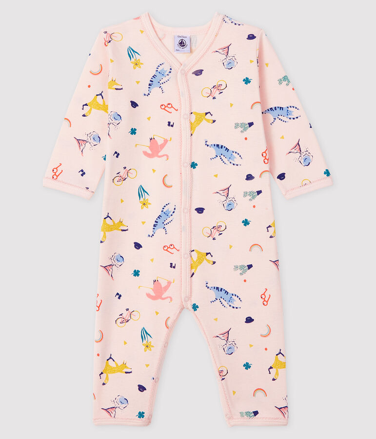 Tutina senza piedi beb&egrave; femmina a costine rosa FLEUR/bianco MULTICO