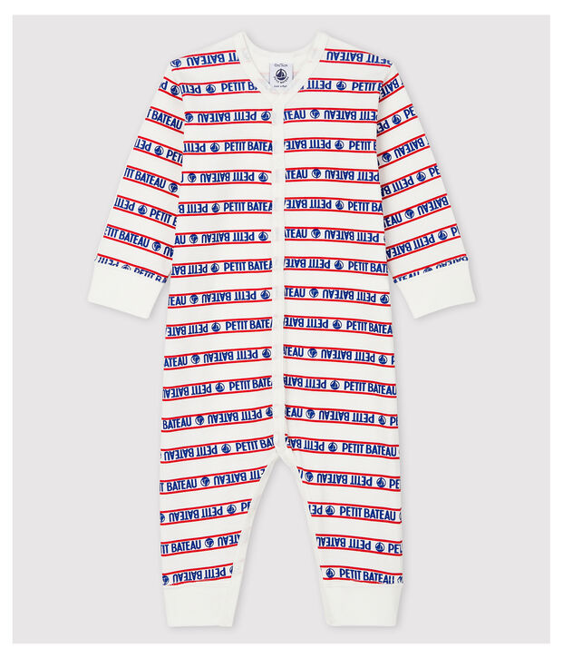 Tutina pigiama senza piedi Petit Bateau beb&egrave; in costina bianco/multicolore