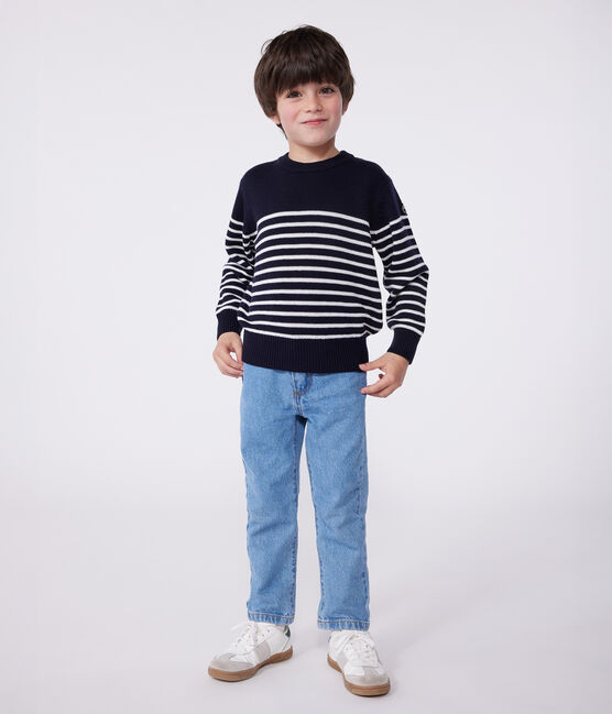 Pullover marinaro in misto lana e cotone a righe bambino blu SMOKING/bianco MARSHMALLOW