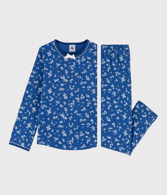 Pigiama bambina con stampa fiocchi a costine blu MAJOR/bianco ECUME