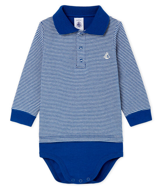 Body a polo fantasia millerighe bebè maschio blu LIMOGES/bianco MARSHMALLOW