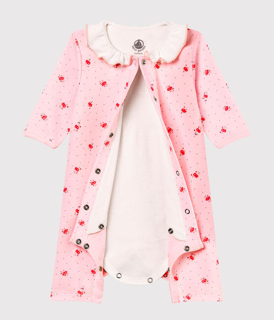 Bodyjama senza piedi bebè femmina a costina 1x1 fantasia rosa VIENNE/bianco MULTICO