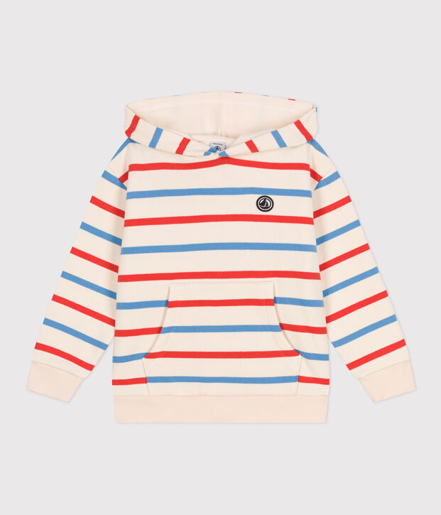 Felpa con cappuccio bambino unisex in cotone a righe ecru/multicolore