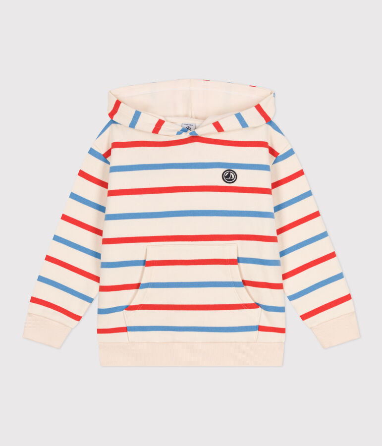 Felpa con cappuccio bambino unisex in cotone a righe ecru/multicolore